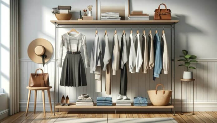 Photo showcasing a minimalist woman's capsule wardrobe in a light-filled room