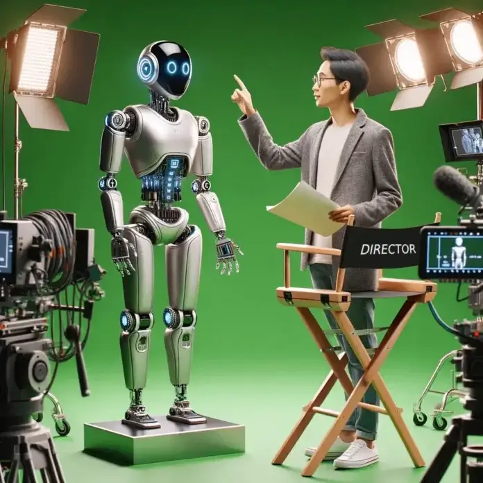 Human director directing an AI robot actor